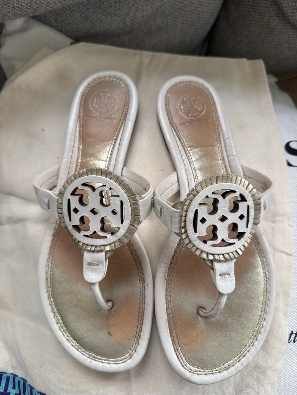 Tory Burch White Leather Logo Thong Sandals